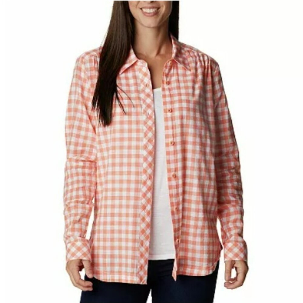Columbia Camp Henry III Long-Sleeve Cotton Shirt L Gingham Peachy Orange
